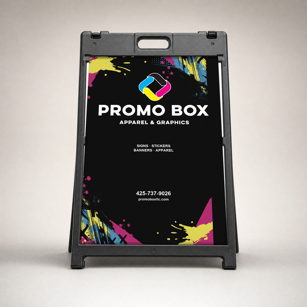 Front view of a black A-frame sidewalk sign with a printed Promo Box insert