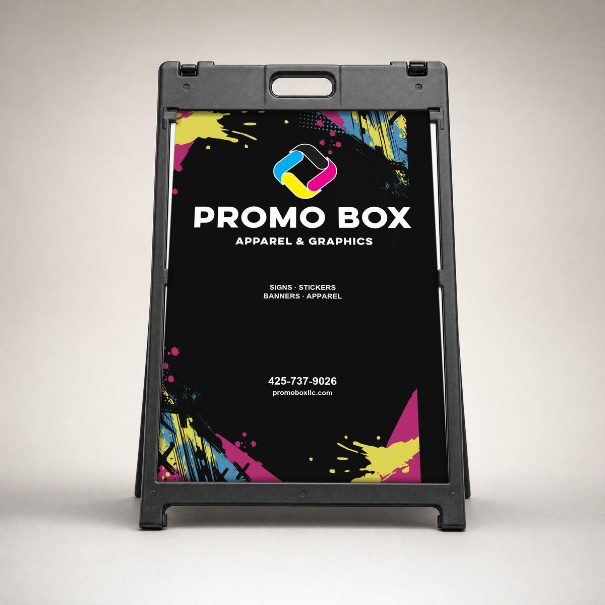Front view of a black A-frame sidewalk sign with a printed Promo Box insert