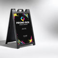Black A-frame sidewalk sign with a printed Promo Box insert