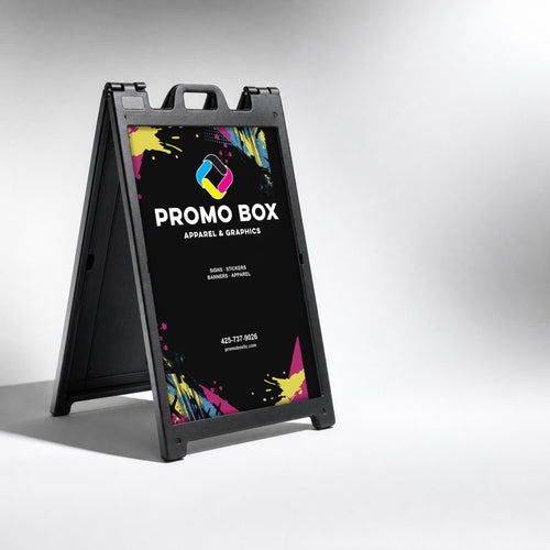 Black A-frame sidewalk sign with a printed Promo Box insert
