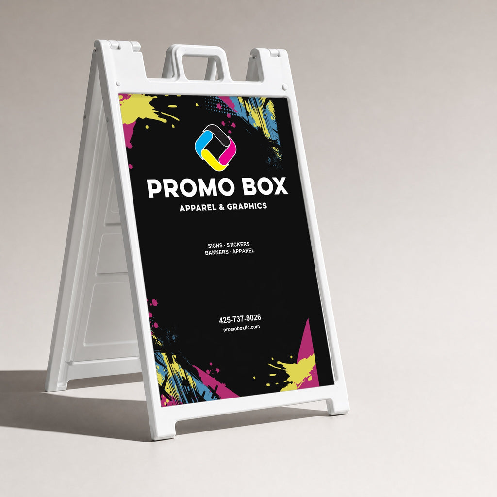 White A-frame sidewalk sign with a printed Promo Box insert