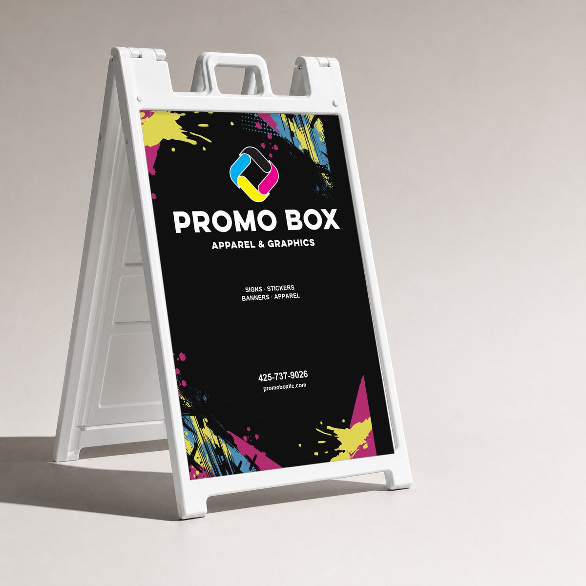 White A-frame sidewalk sign with a printed Promo Box insert