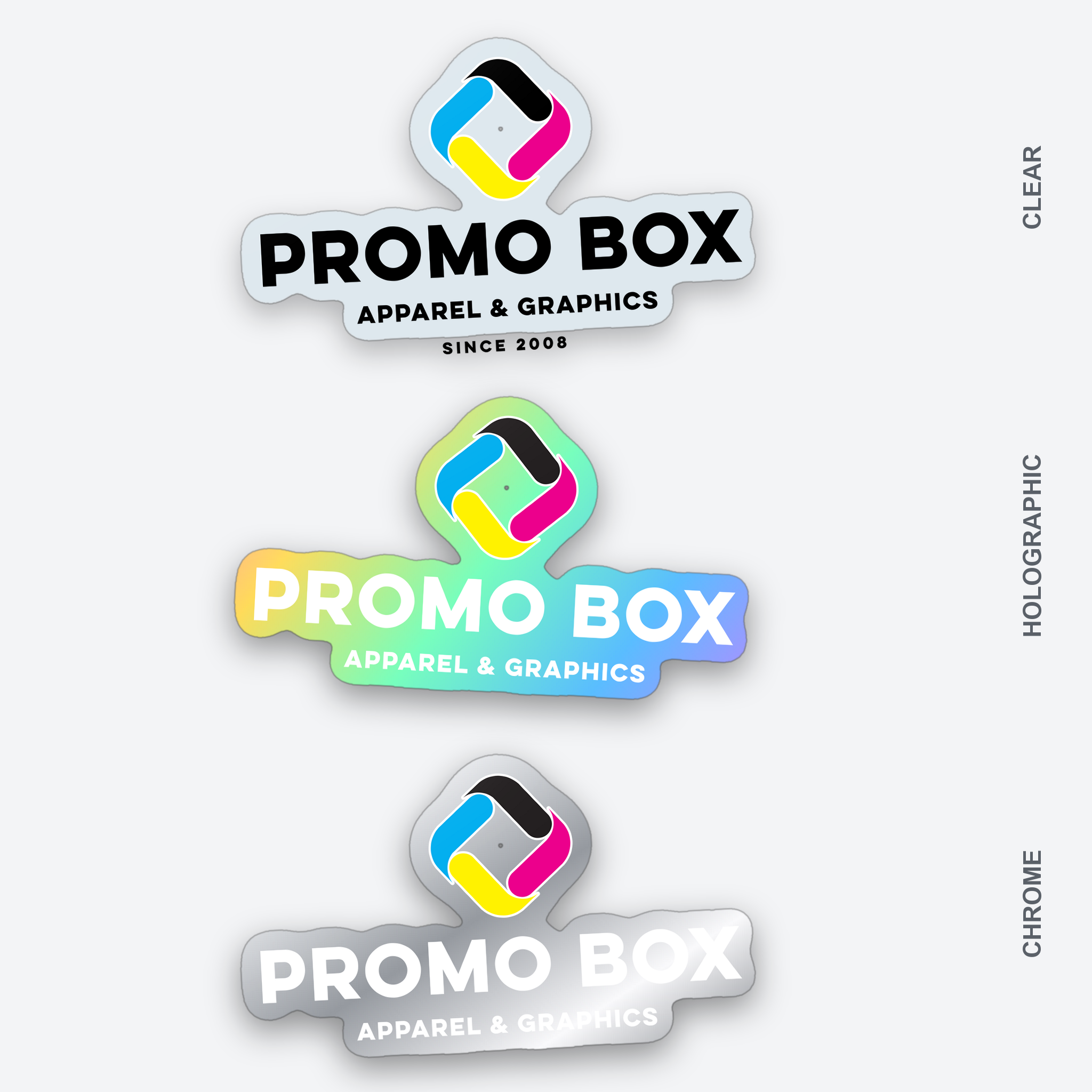 Promo Box logo stickers on clear, holographic and chrome vinyl