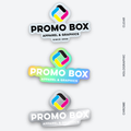 Promo Box logo stickers on clear, holographic and chrome vinyl