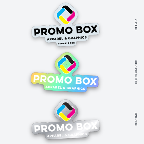 Promo Box logo stickers on clear, holographic and chrome vinyl