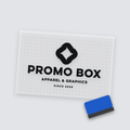 Single-color cut vinyl Promo Box decal on transfer tape, ready to apply