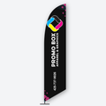 Black feather flag on pole and ground stake printed with the Promo Box logo and phone number