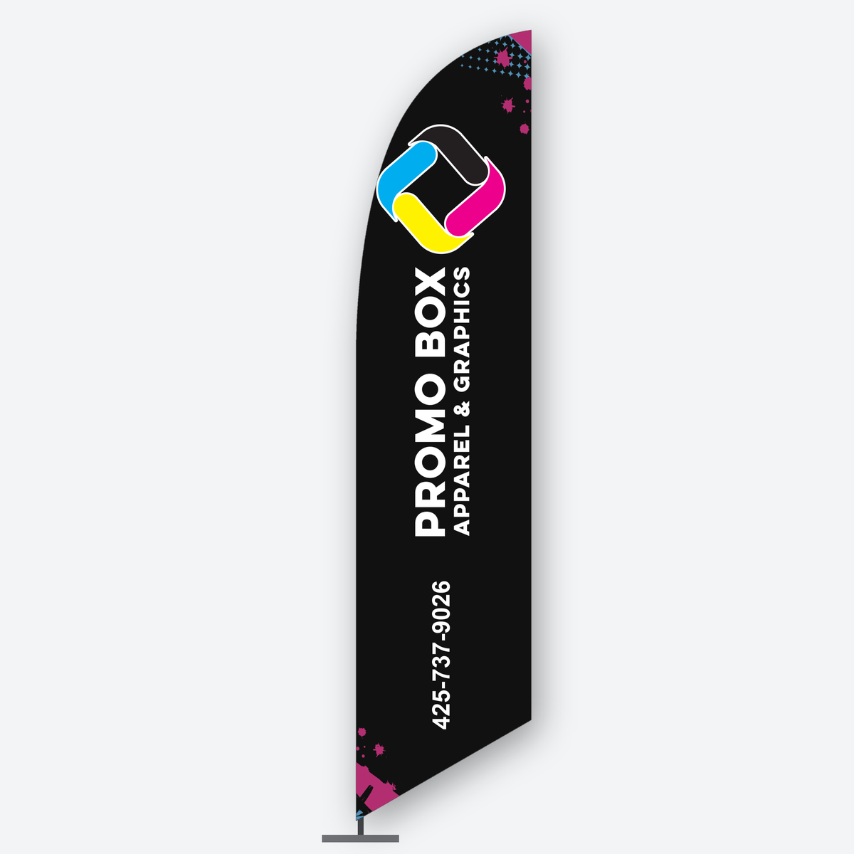 Black feather flag on pole and ground stake printed with the Promo Box logo and phone number