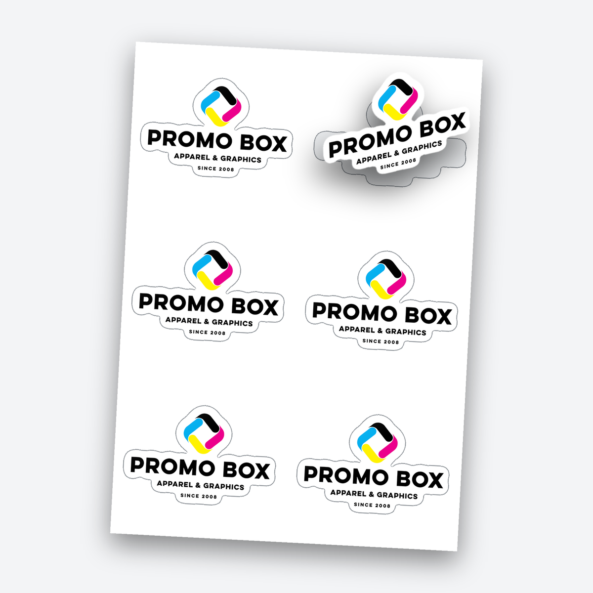 Kiss-cut sticker sheet with one Promo Box sticker peeled up off the liner