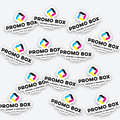 Full-color die-cut printed vinyl stickers with the Promo Box logo, contour cut with a white border