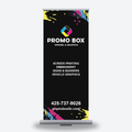 Retractable banner stand with a Promo Box branded graphic listing services, phone and website