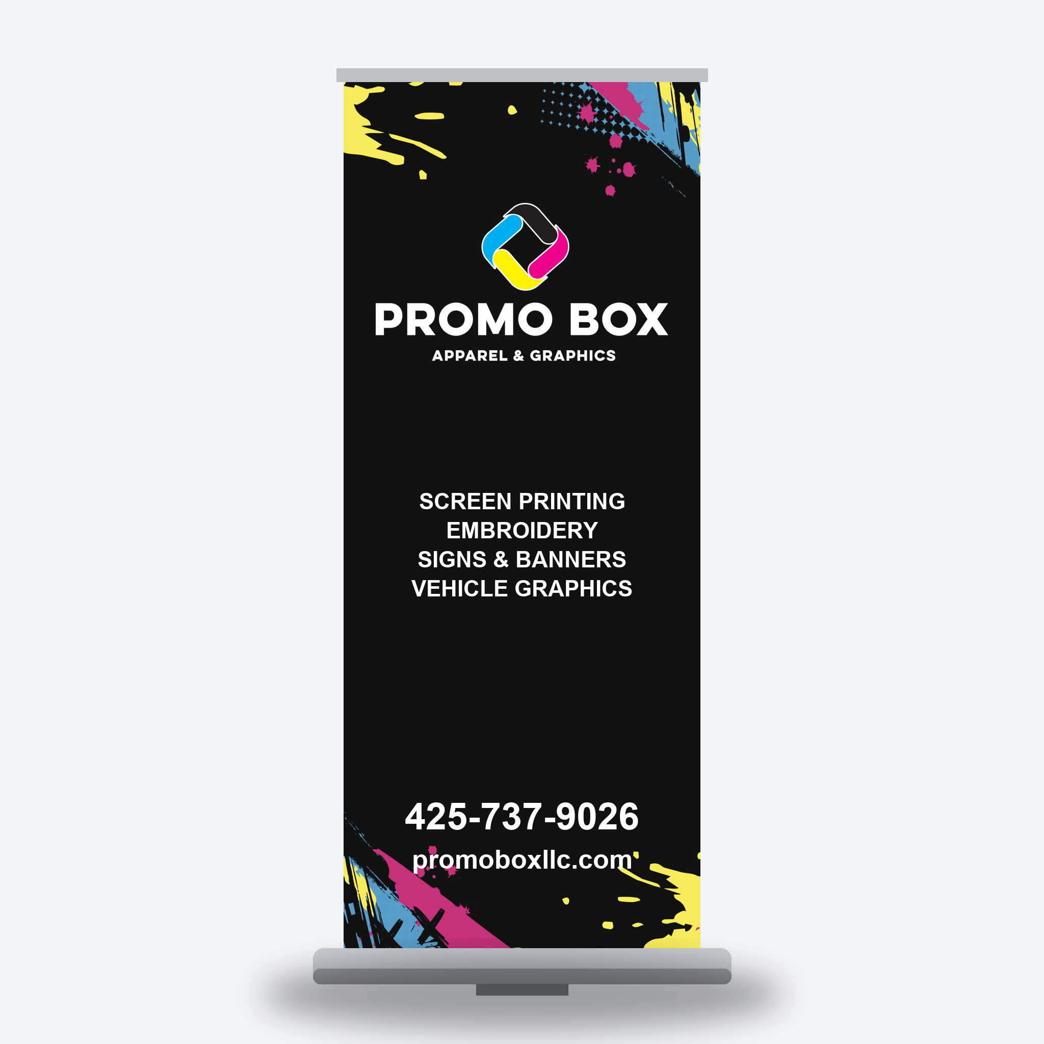Retractable banner stand with a Promo Box branded graphic listing services, phone and website
