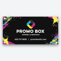 Hemmed vinyl banner with corner grommets printed with the Promo Box logo, phone and website