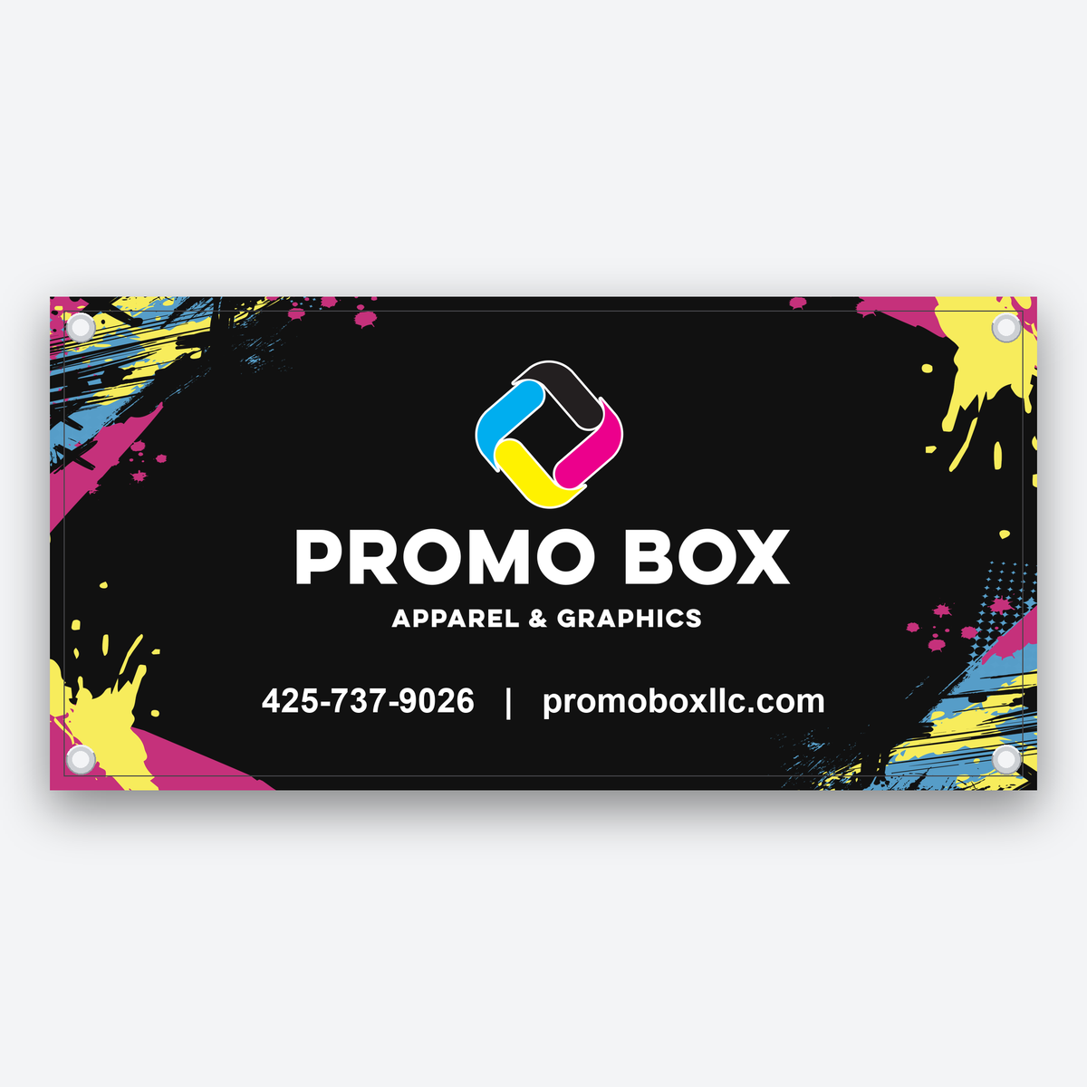 Hemmed vinyl banner with corner grommets printed with the Promo Box logo, phone and website