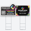 Promo Box custom shape-cut and standard 18x24 coroplast yard signs on H-stakes